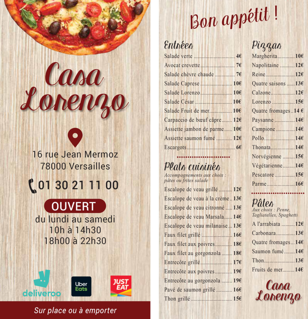 Flyer pizza Cas Lorenzo fond bois recto et verso avec les tarifs