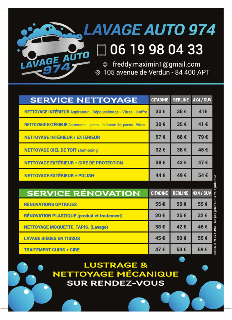 affiche pour lavage auto avec prix des nettoyages